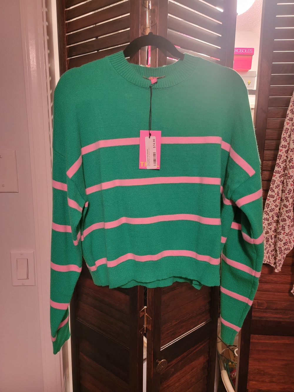 THML Green Sweater with Pink Stripes